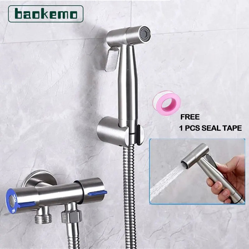 BAOKEMO Stainless Steel Bidet Sprayer Set with Two-Way Faucet and 1.5M Flexible Hose