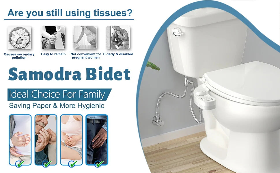 SAMODRA Non-Electric Bidet Attachment - Dual Nozzle for Front & Rear Cleaning