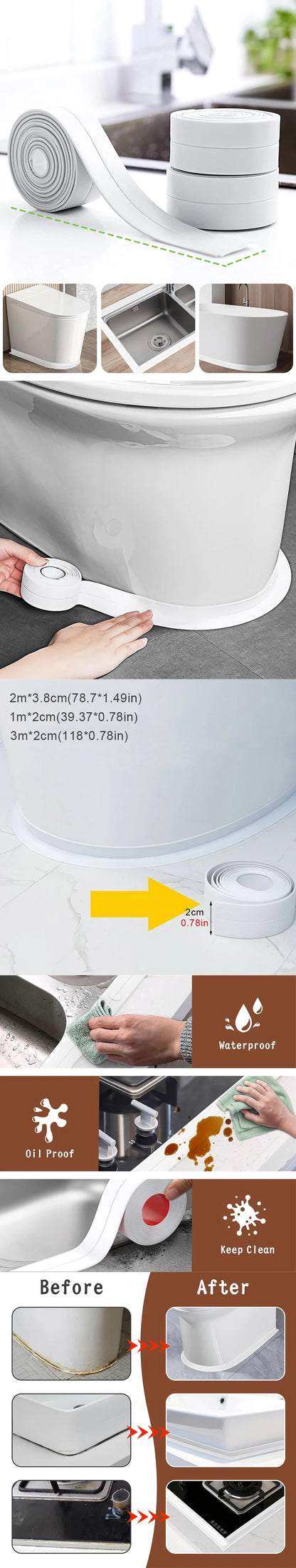 Self-Adhesive Waterproof Sealing Tape - Mildew-Proof Caulk Strip for Bathroom, Kitchen, and More