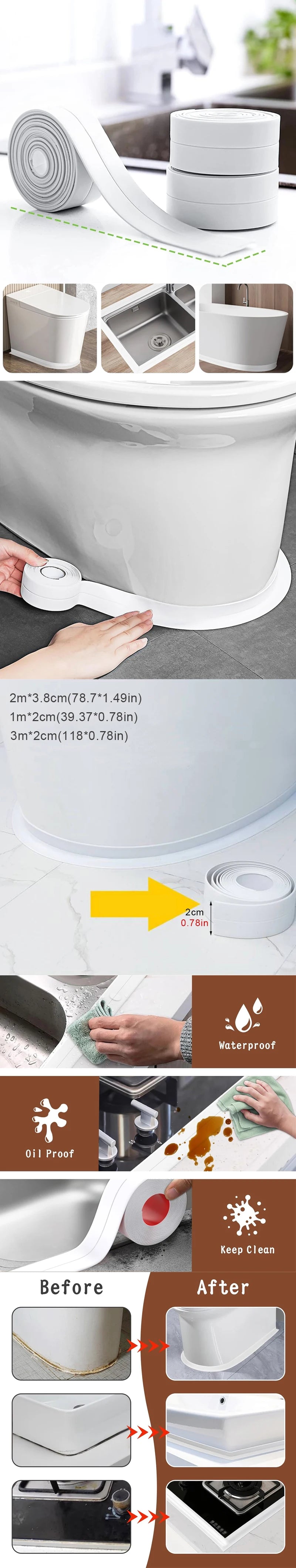 Self-Adhesive Waterproof Sealing Tape - Mildew-Proof Caulk Strip for Bathroom, Kitchen, and More